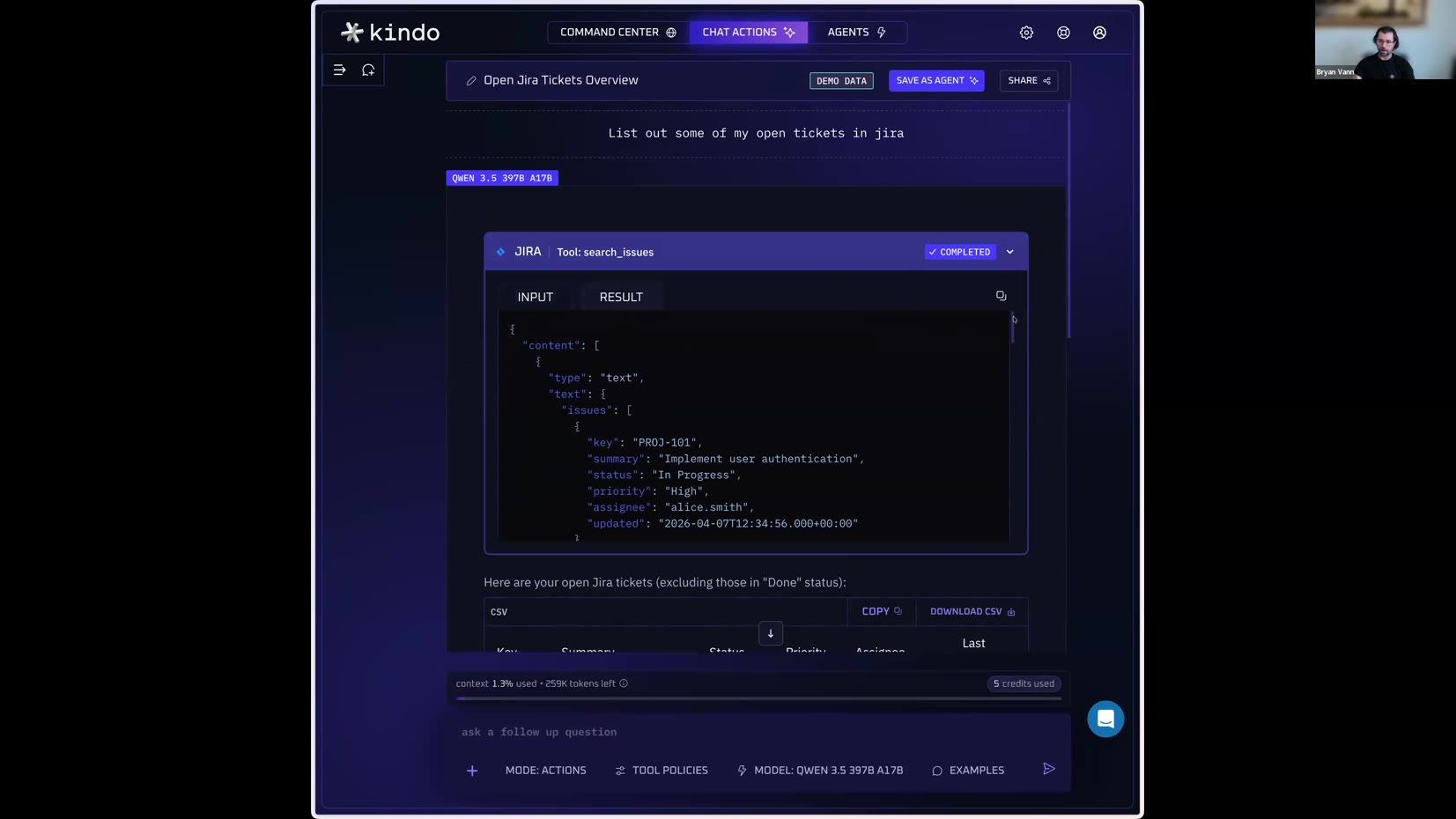 Chat Actions — Jira tool call result