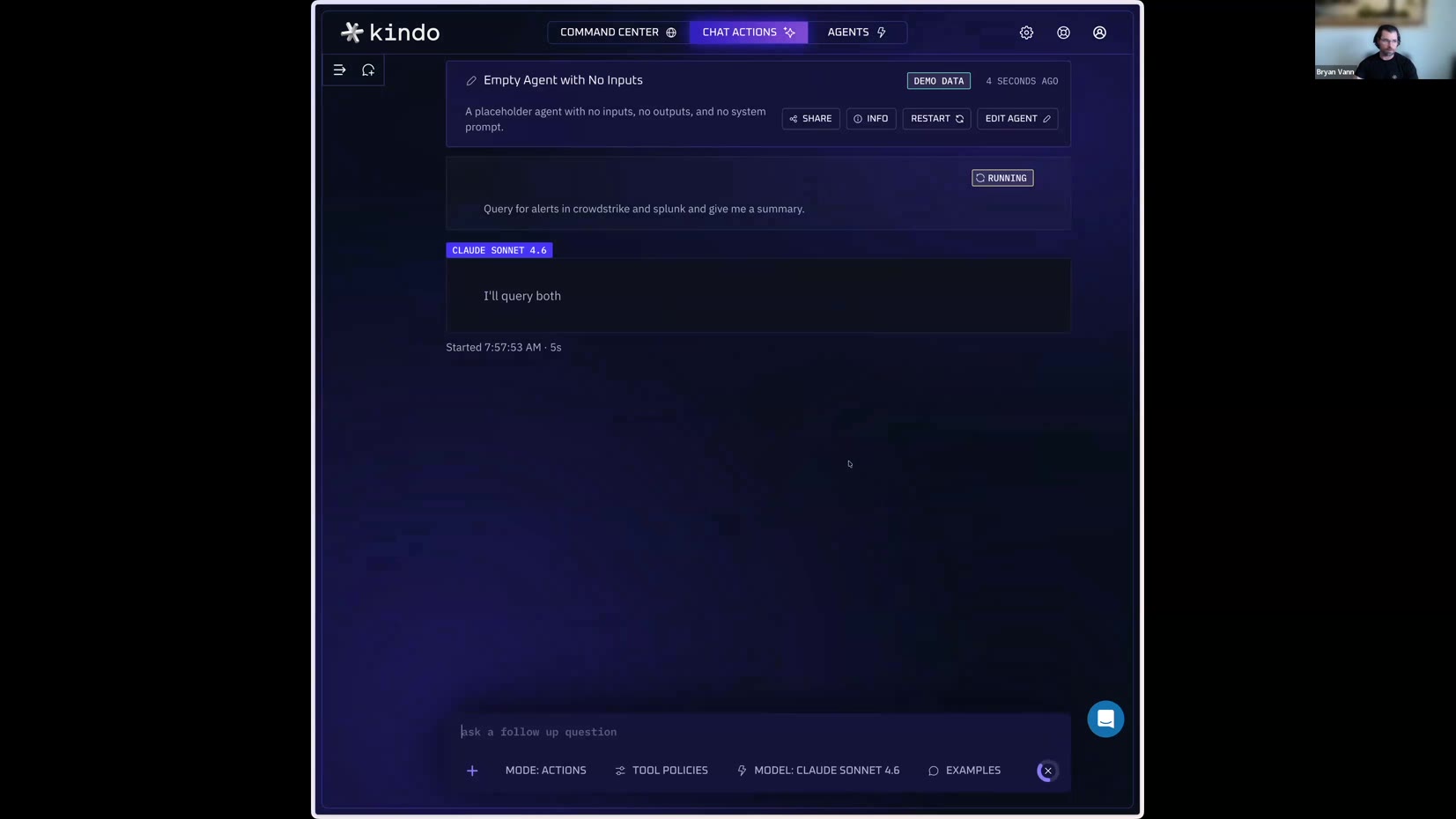 Chat Actions — live agent run (CrowdStrike + Splunk)