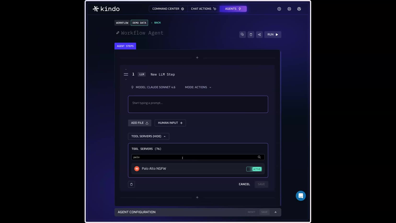 Workflow Agent — LLM step + Tool Server selection